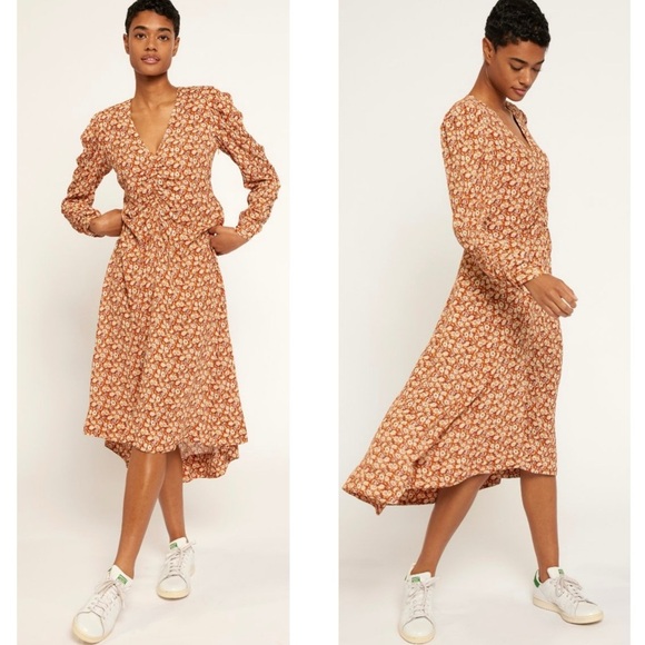 Joie Haruko Ruched V-Neckline Lightweight Floral Print Relaxed Fit Midi Dress - Picture 2 of 8